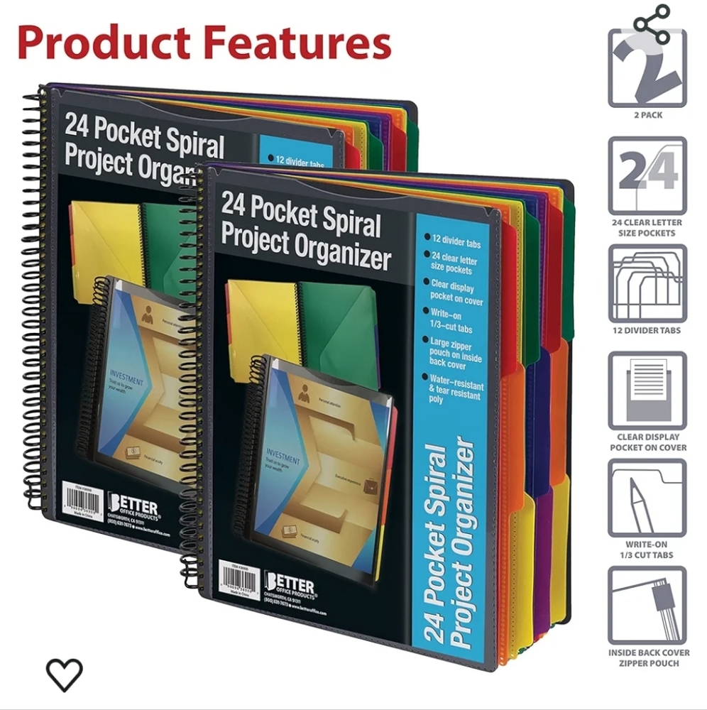 24 Pocket Poly Spiral Project Organizer (2pack)